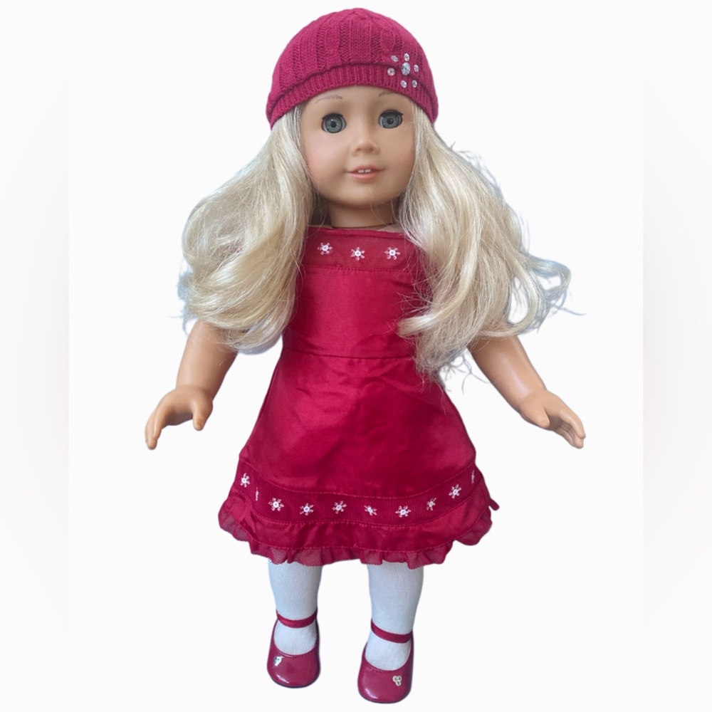 American Girl Doll Blonde Light Green Eyes & Holiday Scarlet & Snow Outfit Dress